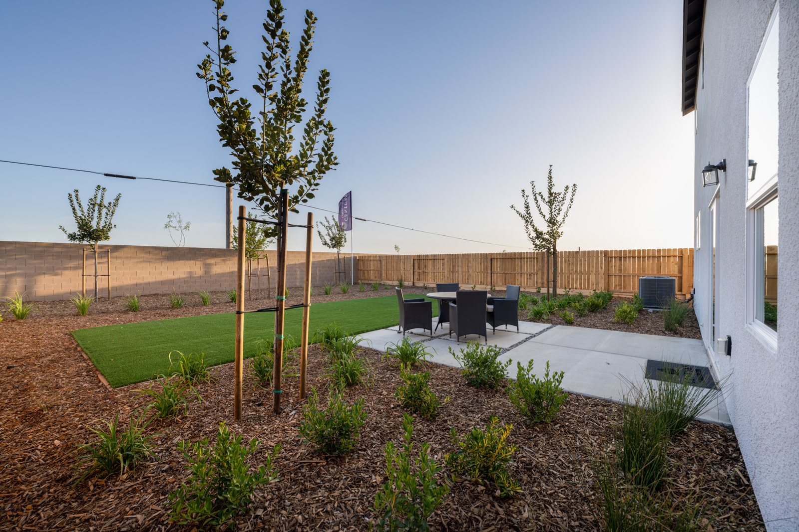 A backyard with a fence and a tree.