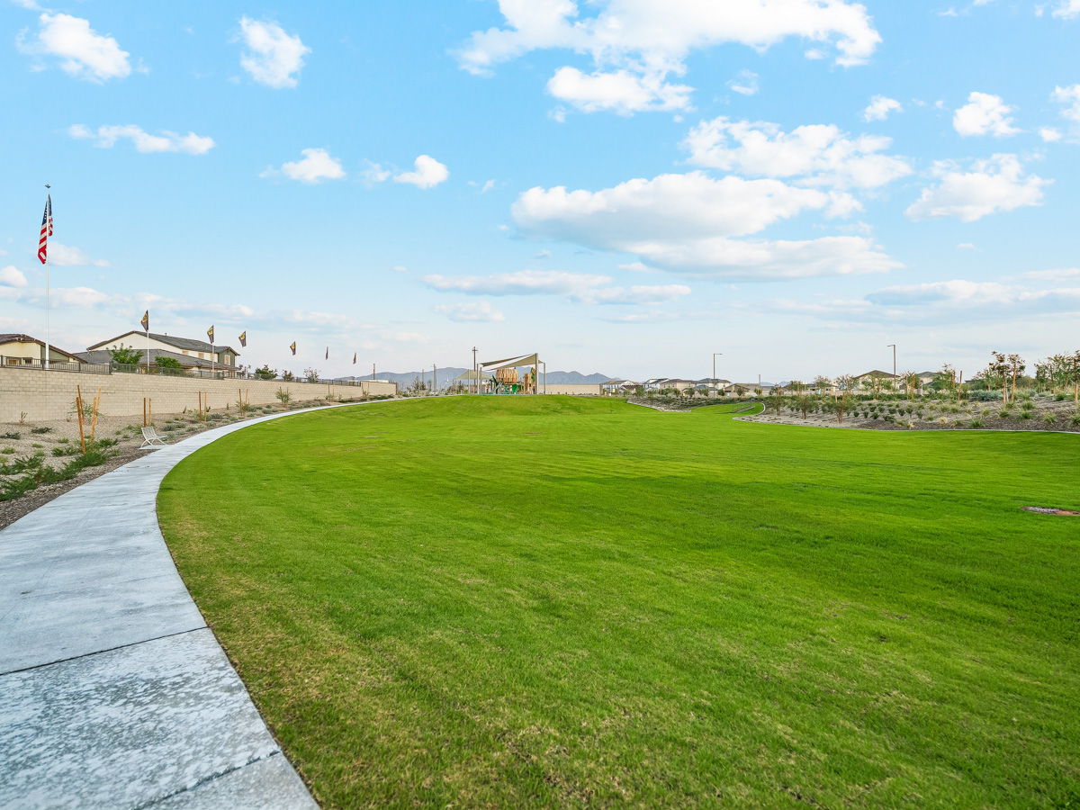 A golf course with a flag.