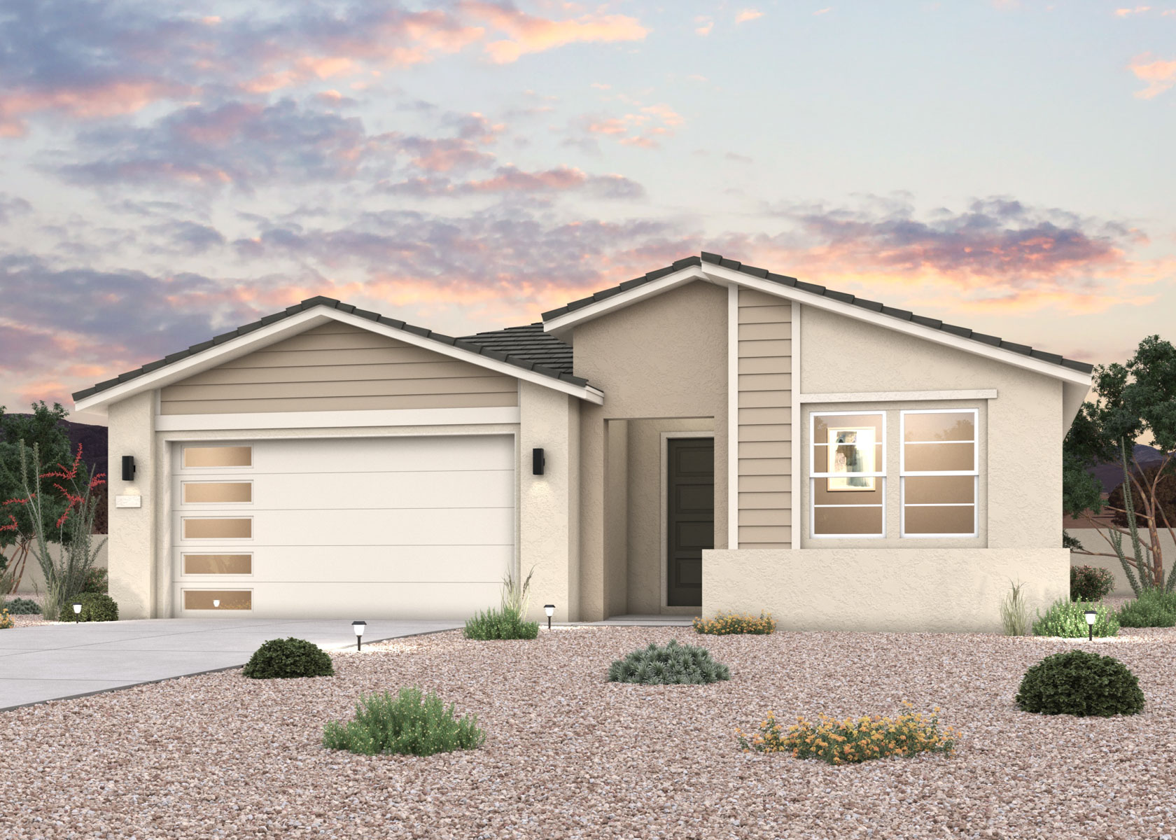 Twilight rendering of front of new MCM home for sale in Buckeye, AZ with 2 car garage.