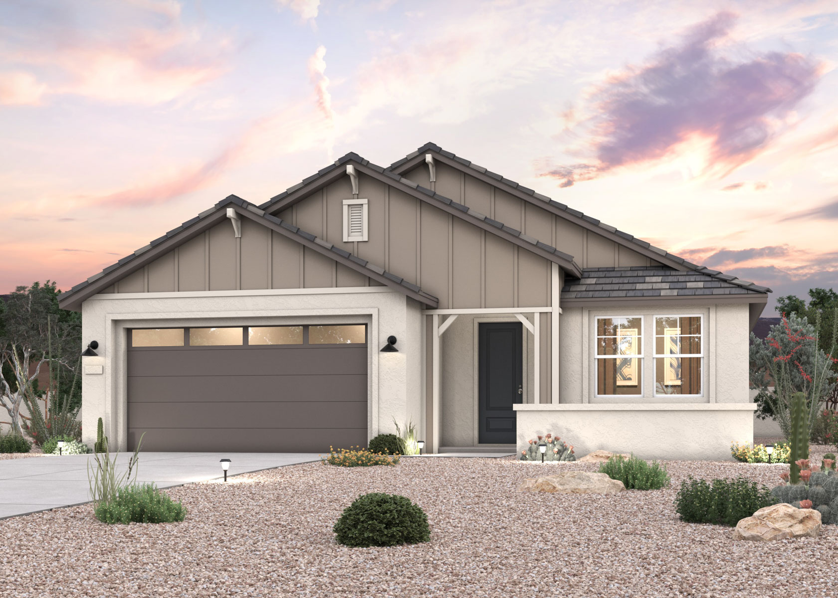 Twilight rendering of front of new ranch style home for sale in Buckeye, AZ with 2 car garage.