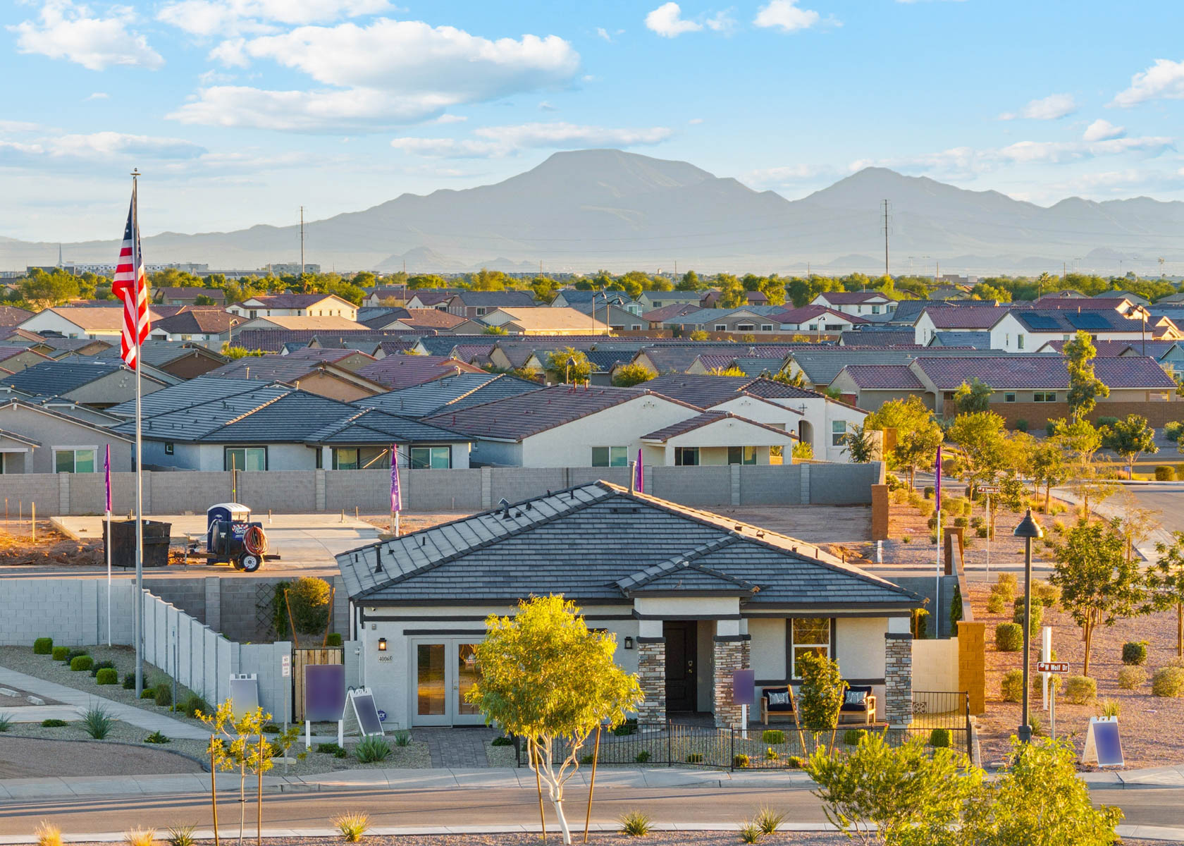 A building with a flag in the front.