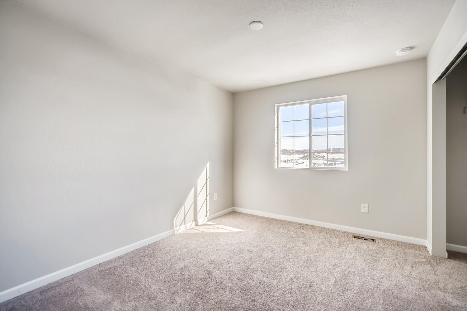 A room with a carpet and a window.
