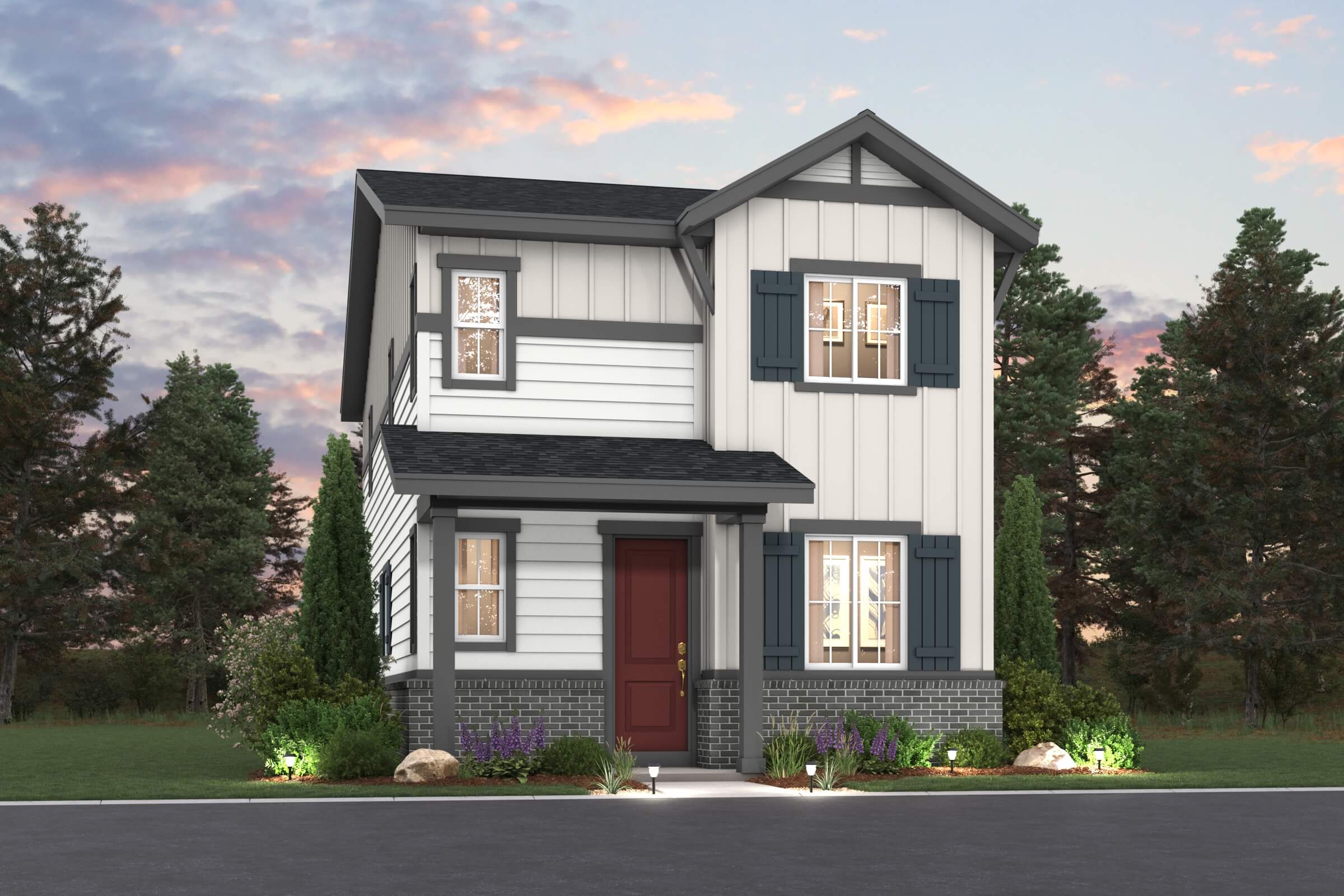 A house with trees around it.