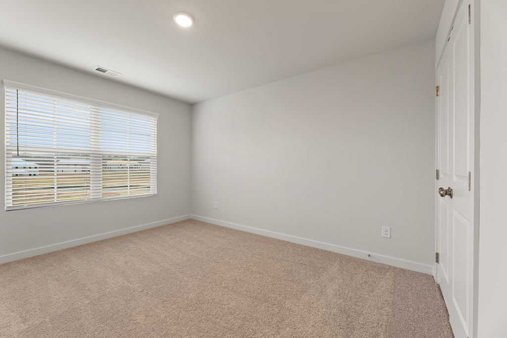 A room with a carpet and windows.