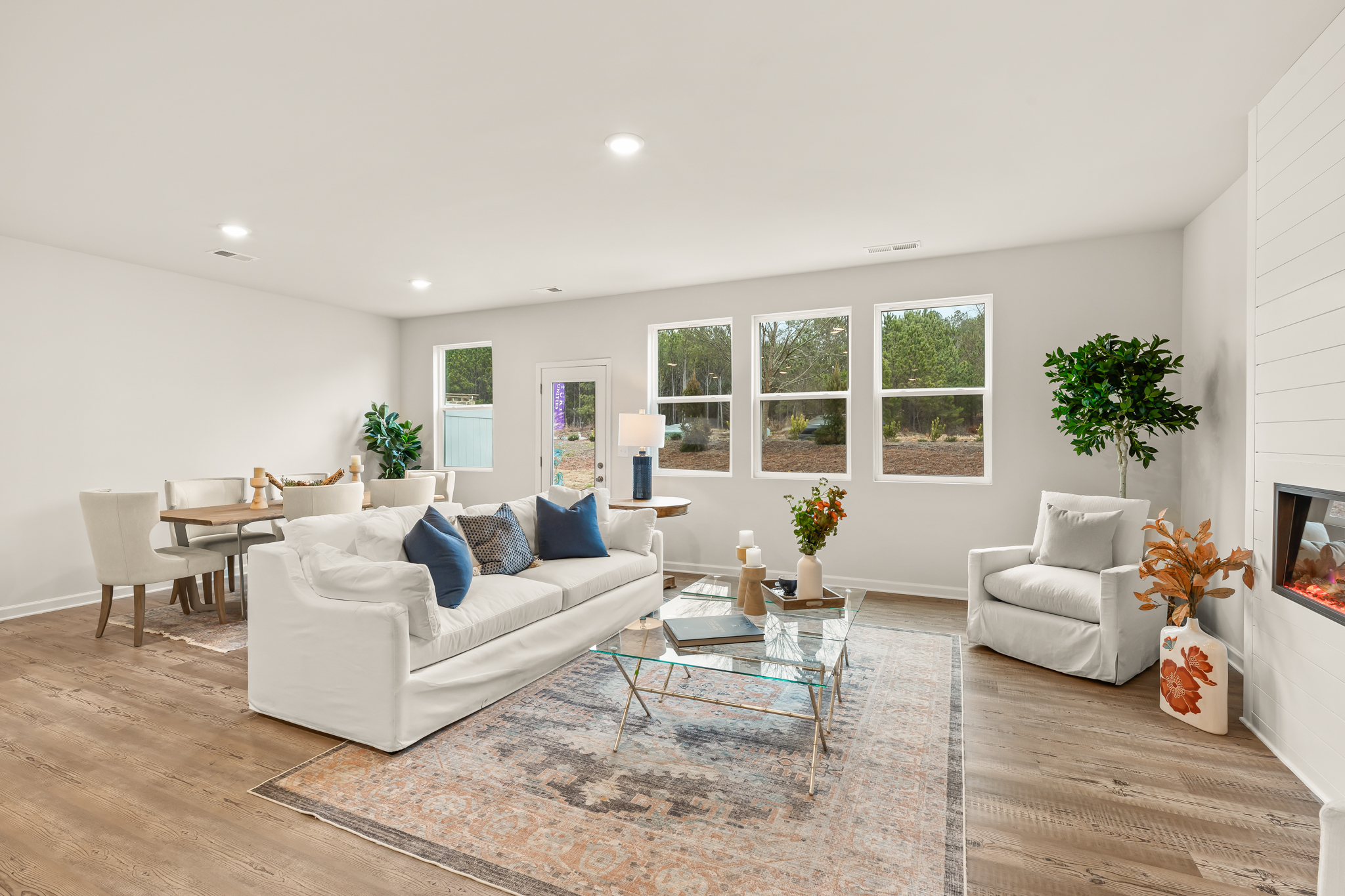A living room with white walls.
