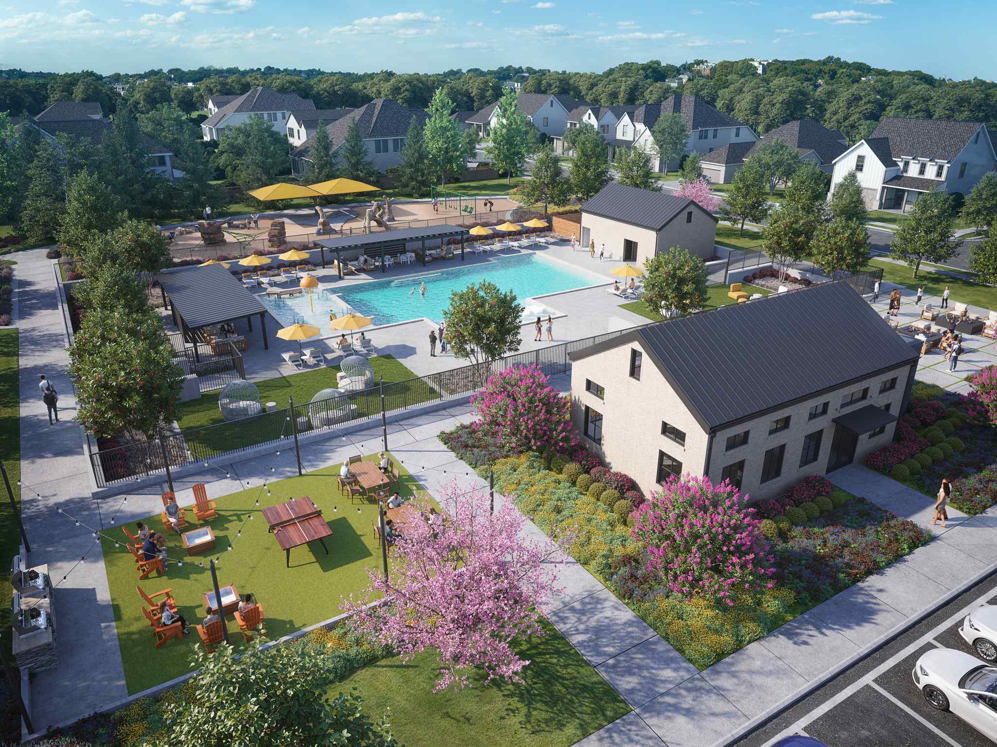 A large building with a pool and trees around it.