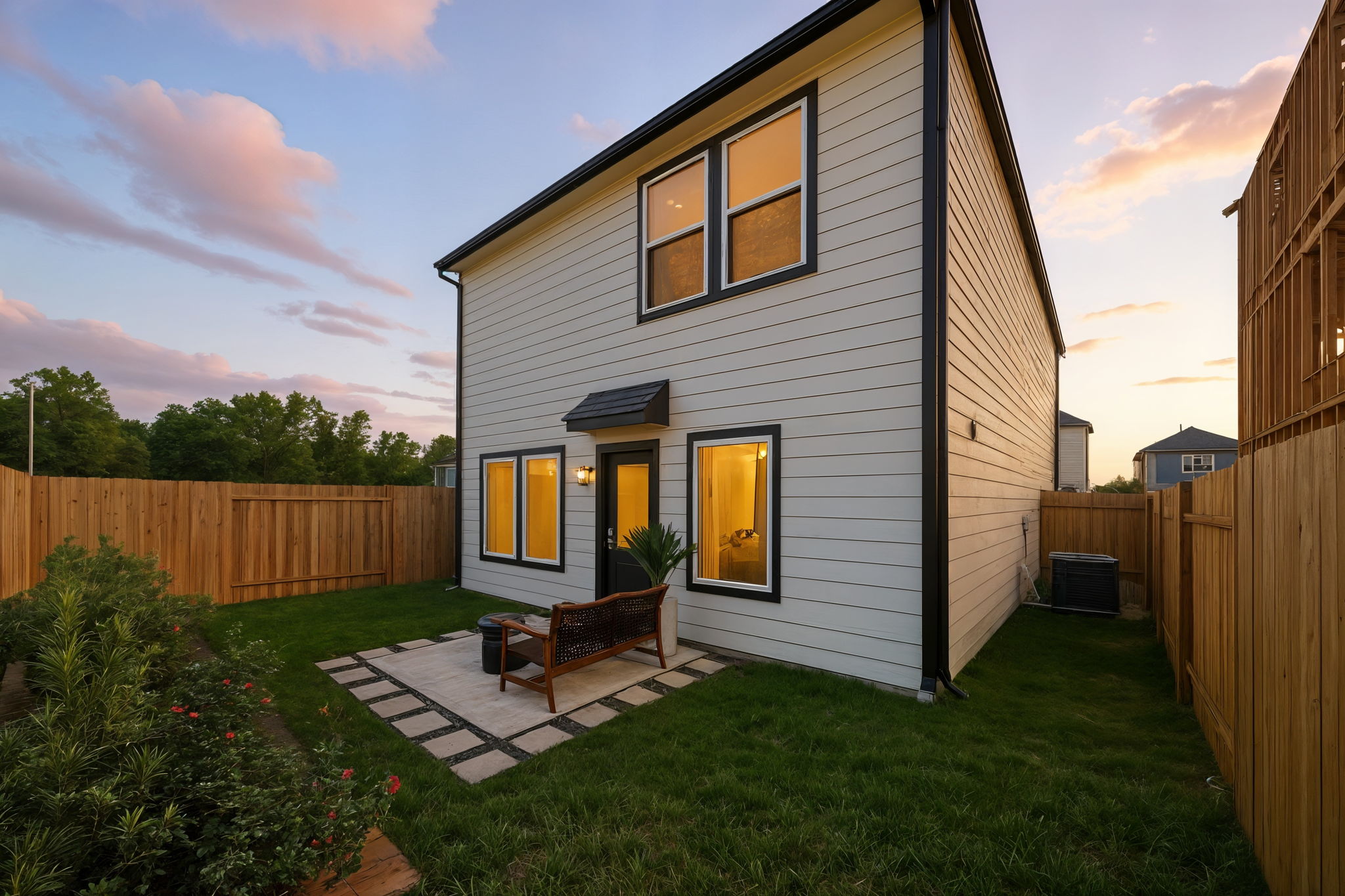 A house with a fence and a yard with a bench and a fence.