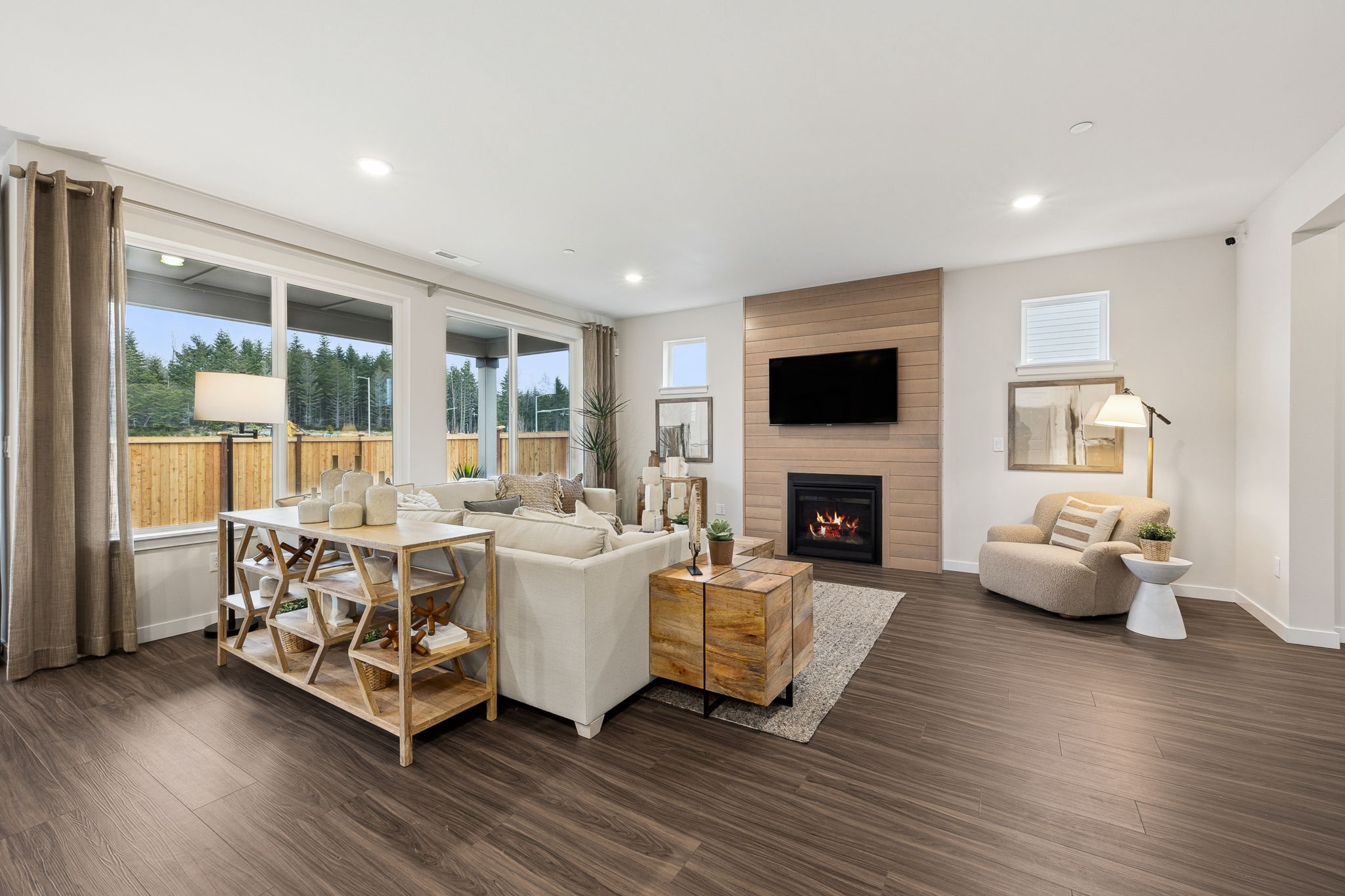 A living room with a fireplace.