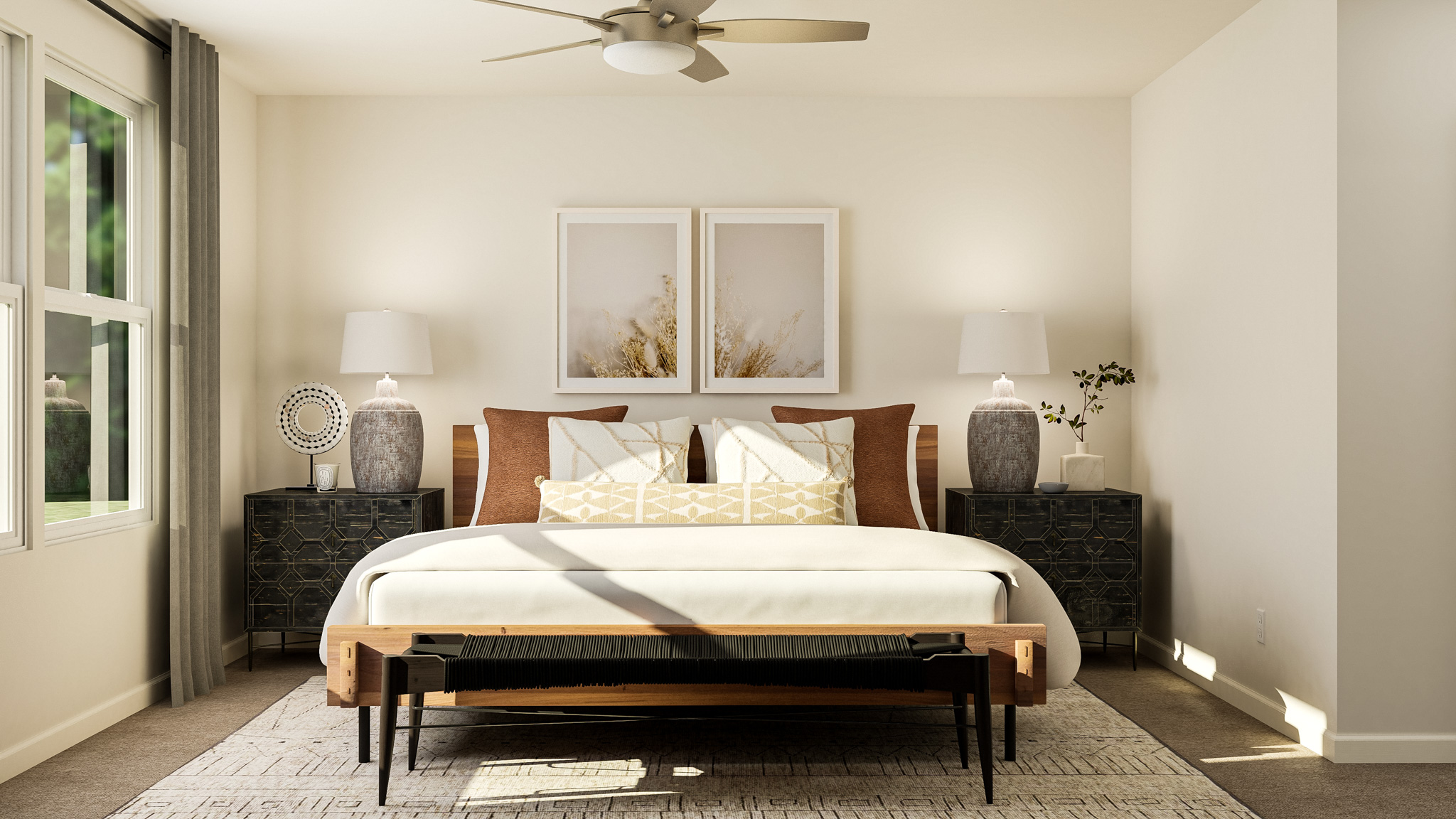 A bedroom with a bed and a fireplace.