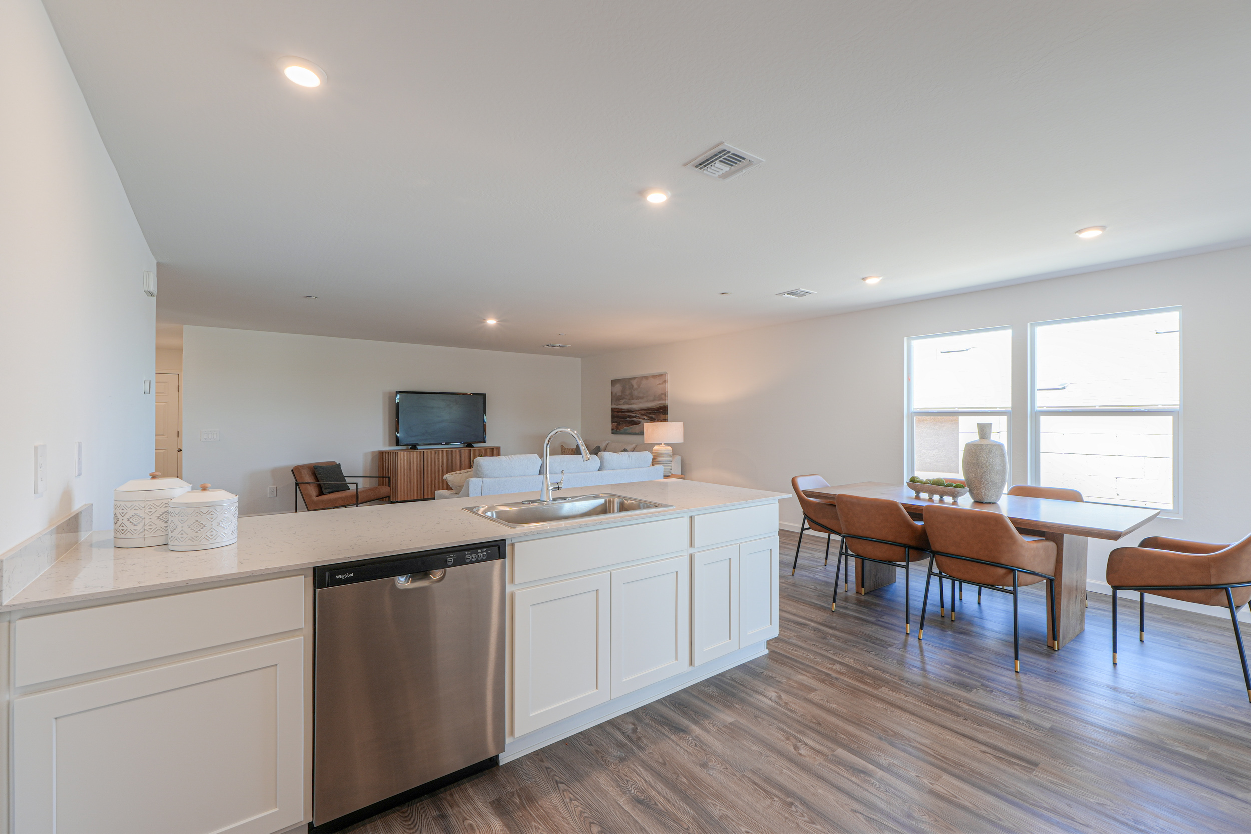 A kitchen with a large island.