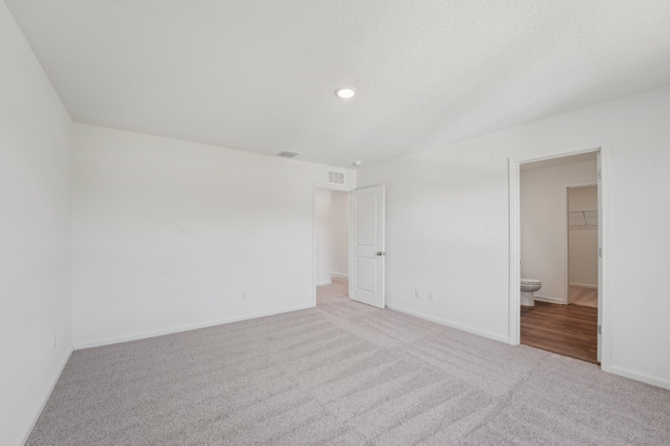 A room with a carpet and a door.