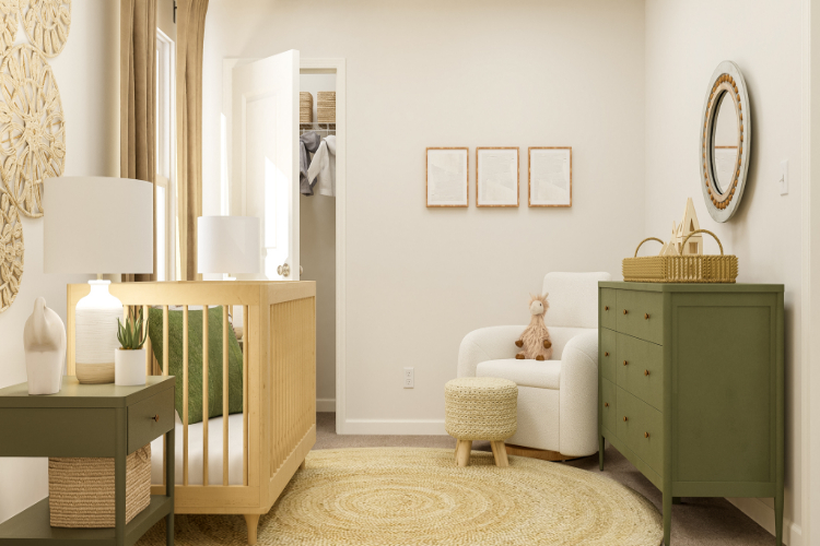 A room with a green dresser and a chair.