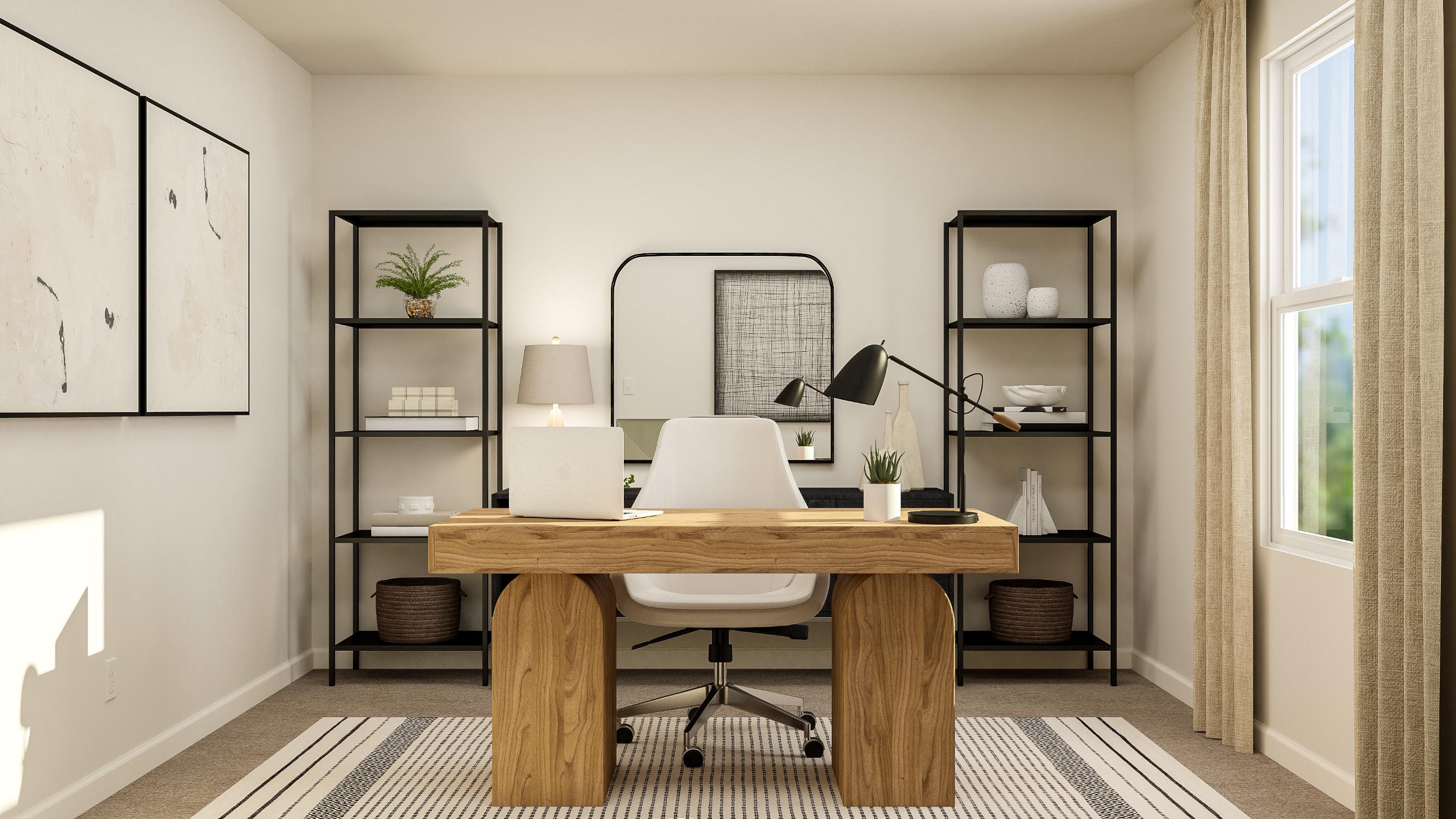 A room with a desk and shelves.